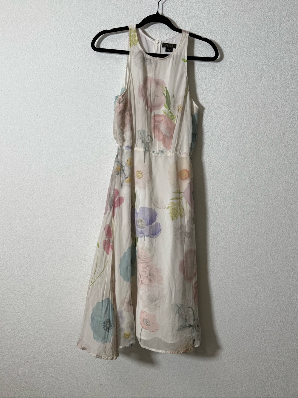 AS by DF Sleeveless Watercolor Floral Midi Dress Sheer Overlay Fit & Flare S